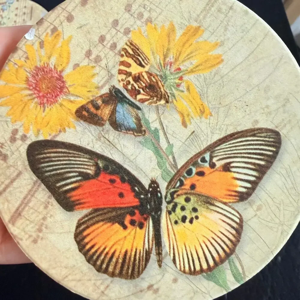Set‎ of 4 Round Stoneware Corked Backed Butterfly Coasters Each One Unique